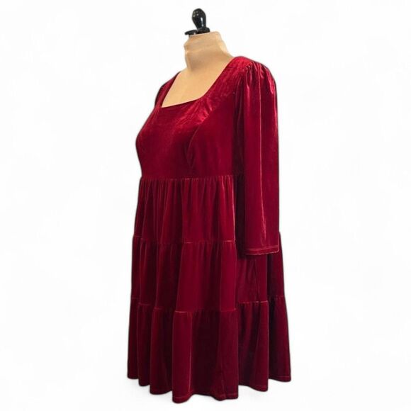 MAISON TARA 3/4 Sleeve Tiered Red Velvet Babydoll Dress, Size 18W - Picture 3 of 8